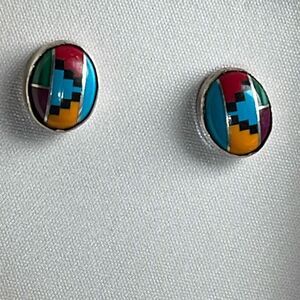 Zuni DHR inlay sterling silver post style earrings